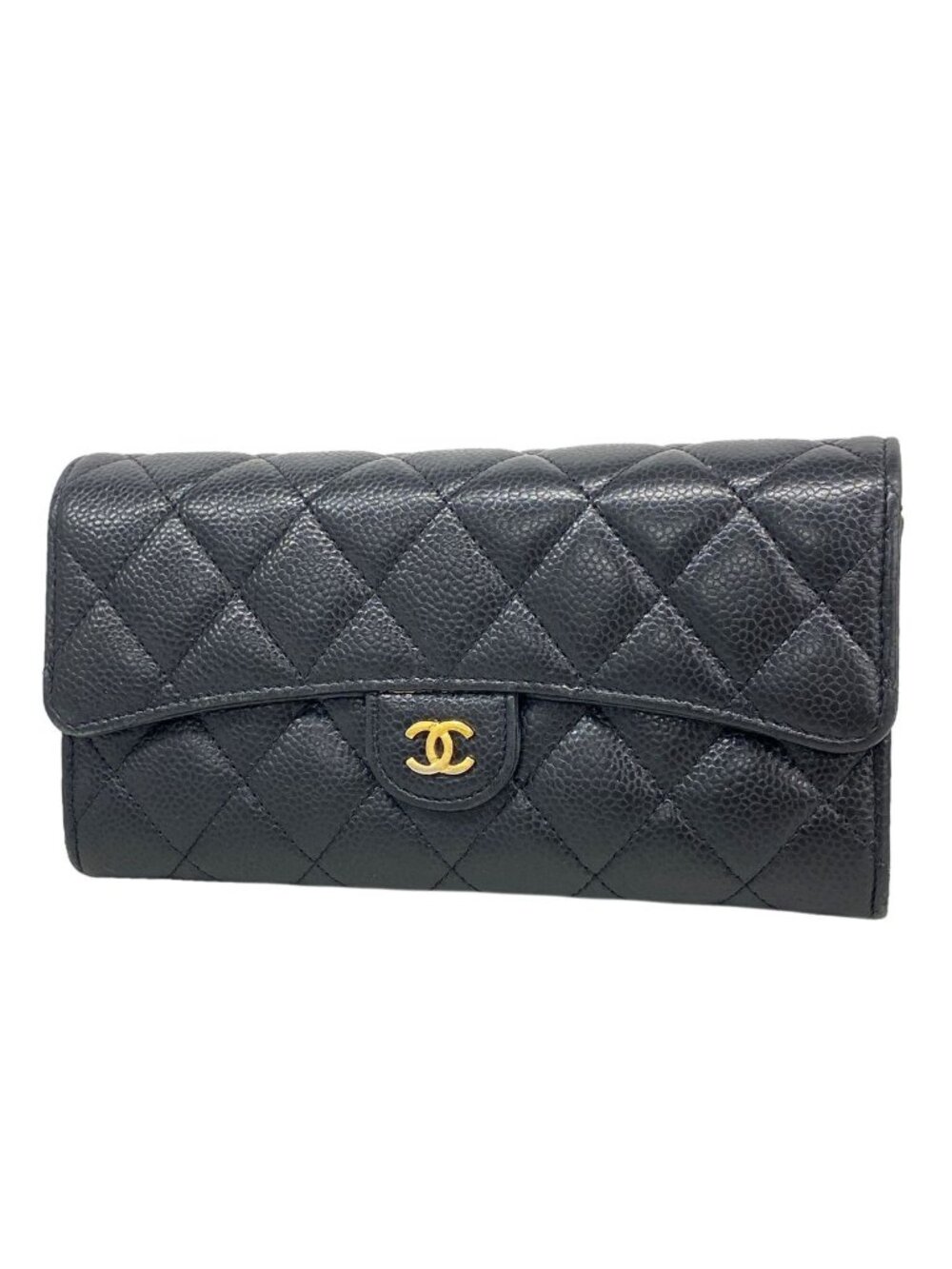 Chanel Wallet Quilted Caviar Leather Black Gold